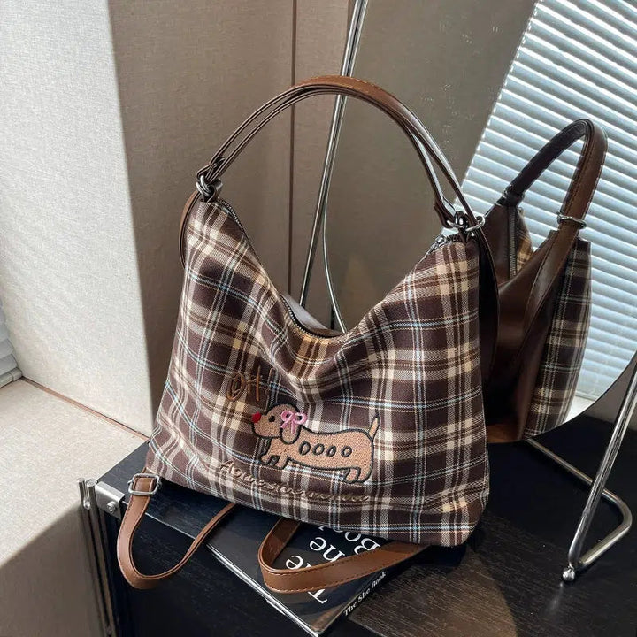 Puppy Embroidered Plaid Shoulder Bag