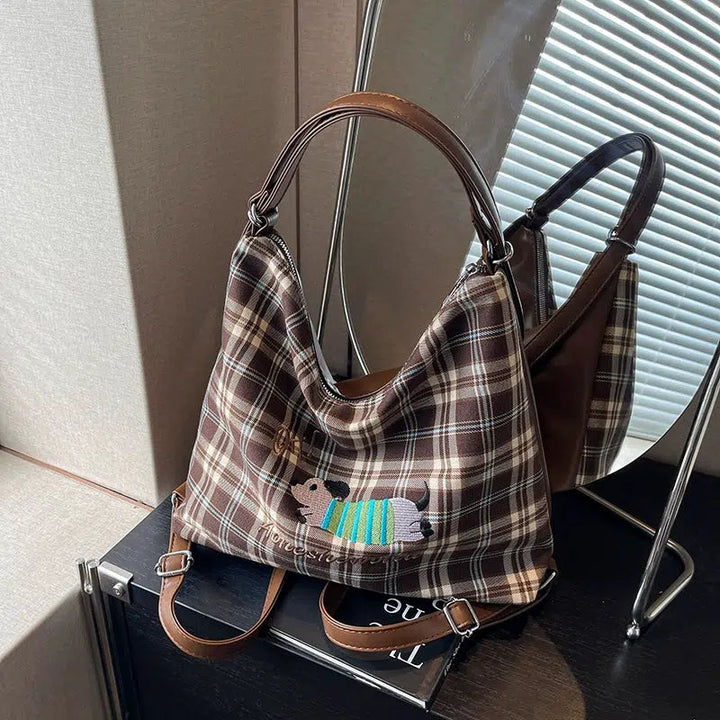 Puppy Embroidered Plaid Shoulder Bag