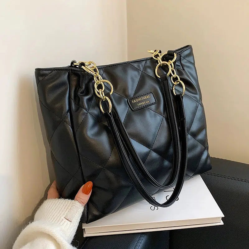 Quilted Chain Handles Leather Tote Bag