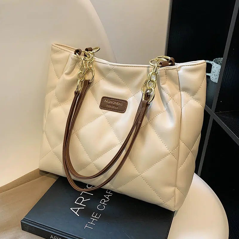 Quilted Chain Handles Leather Tote Bag