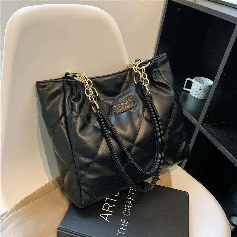 Quilted Chain Handles Leather Tote Bag