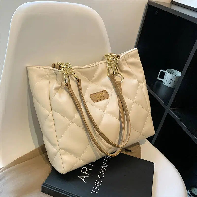 Quilted Chain Handles Leather Tote Bag