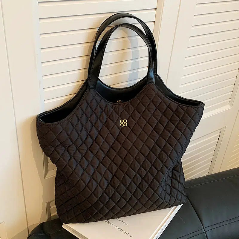 Quilted Leather Handles Tote Handbag