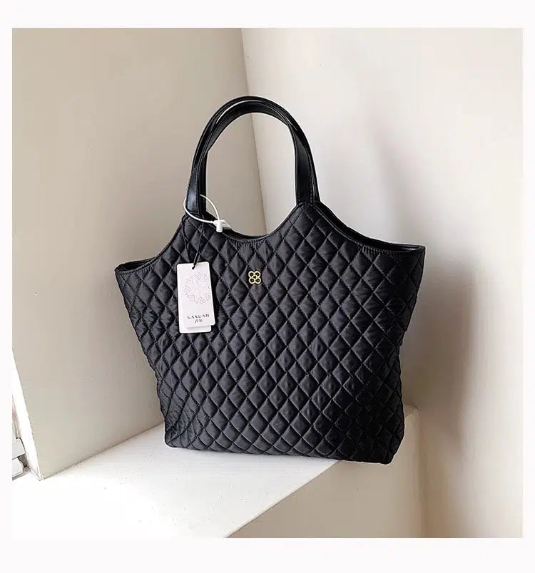 Quilted Leather Handles Tote Handbag