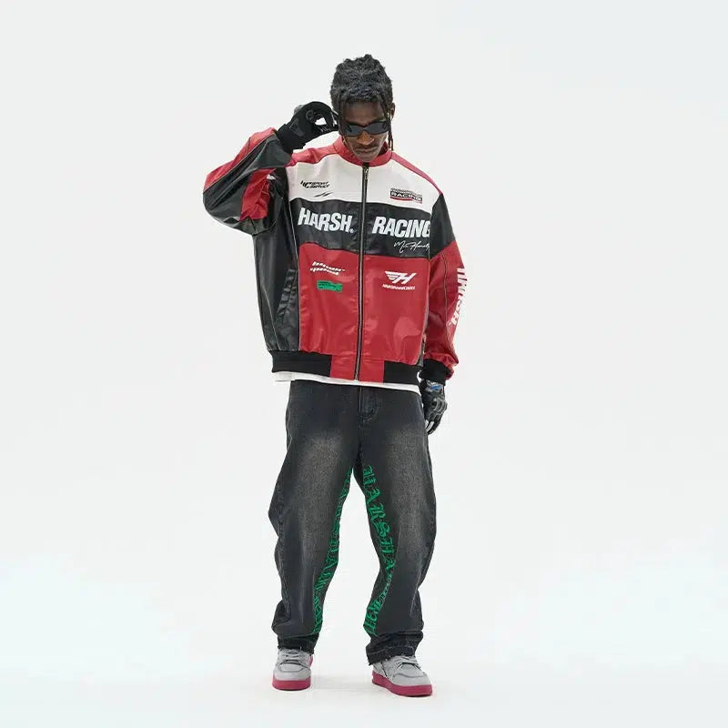 Racing-Themed Motorcycle PU Leather Jacket