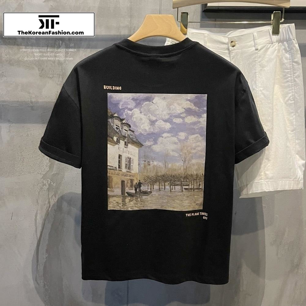 Retro Back Print Round Neck T-shirt