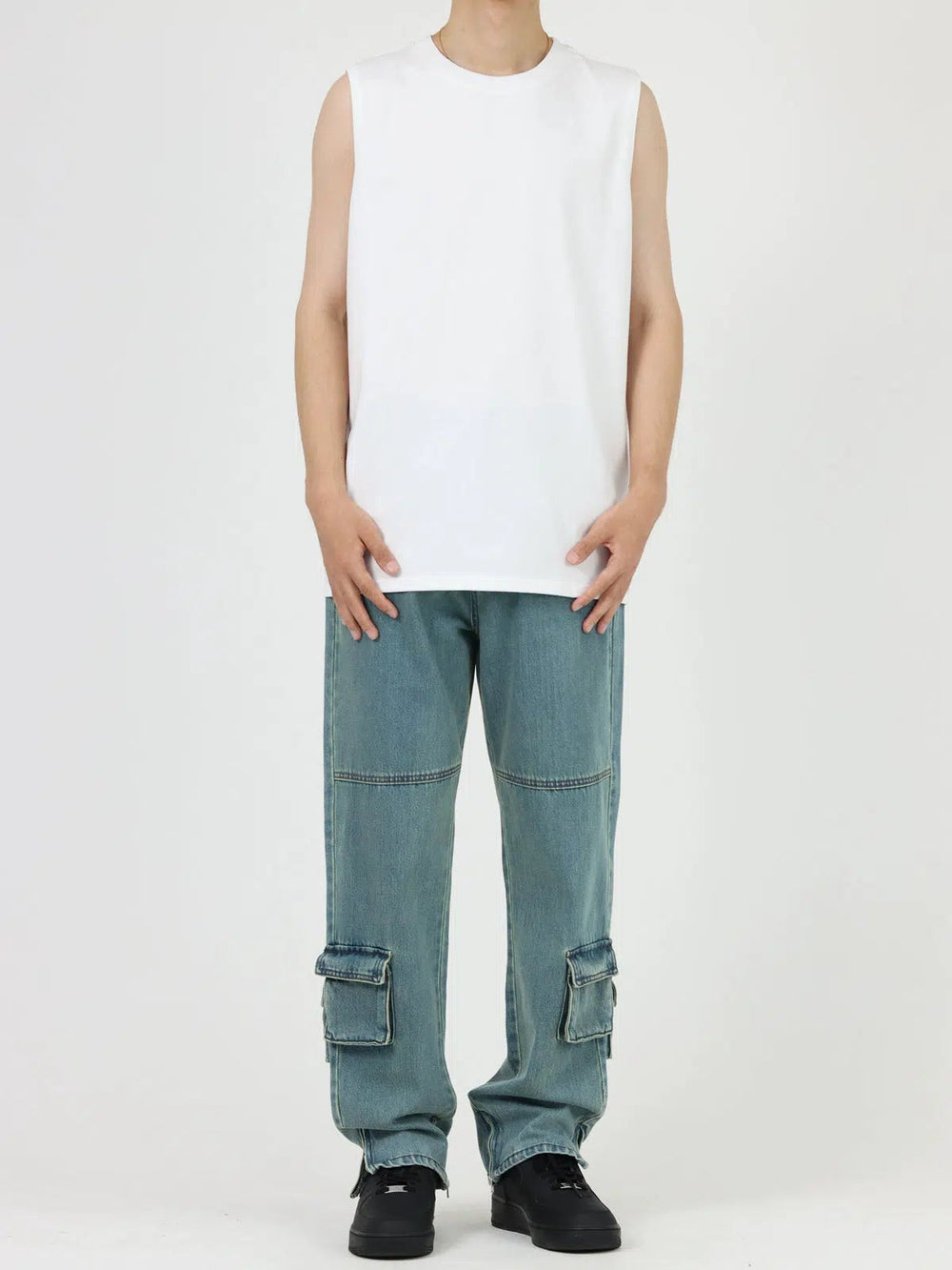 Retro Blue Multi-Pocket Side Zipper Jeans