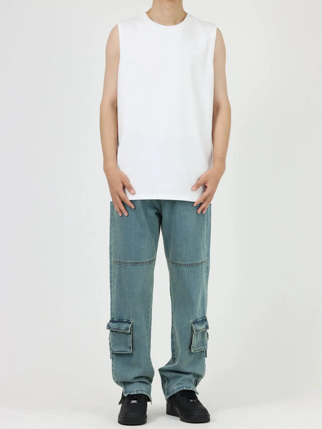 Retro Blue Multi-Pocket Side Zipper Jeans