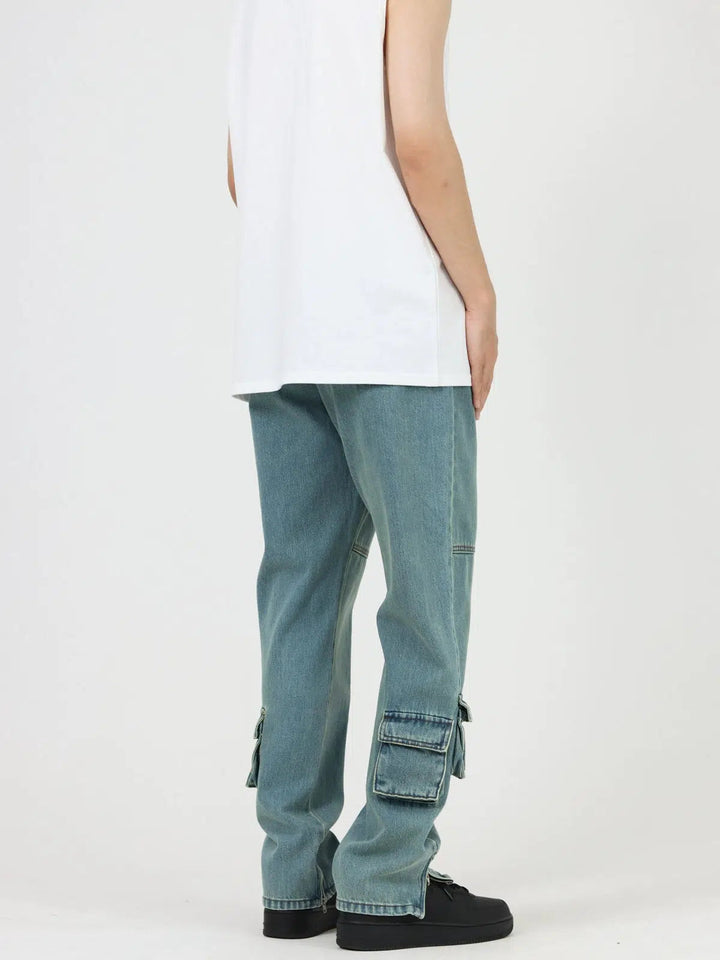 Retro Blue Multi-Pocket Side Zipper Jeans