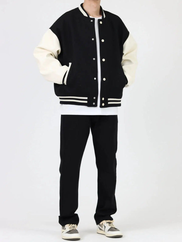 Retro Contrast Color Baseball PU Leather Jacket