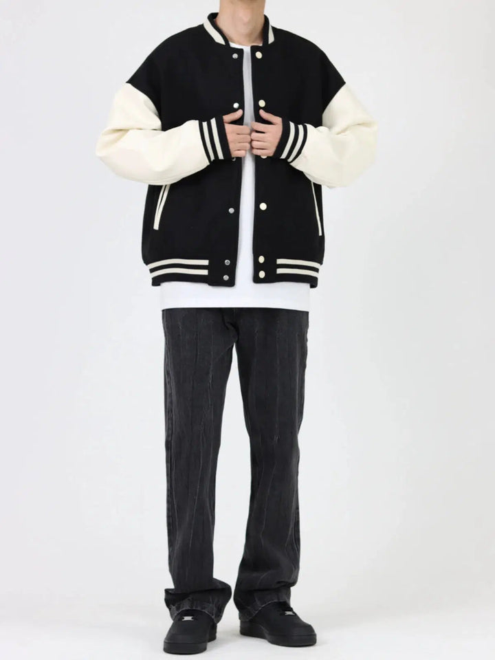 Retro Contrast Color Baseball PU Leather Jacket