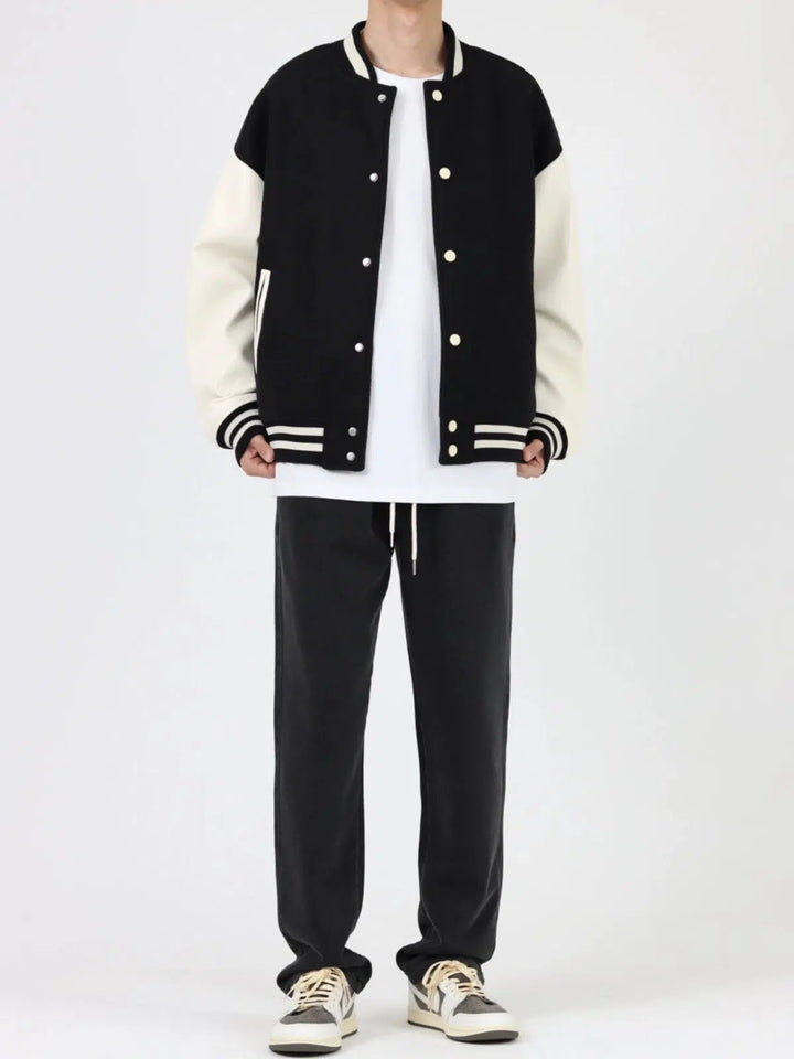 Retro Contrast Color Baseball PU Leather Jacket