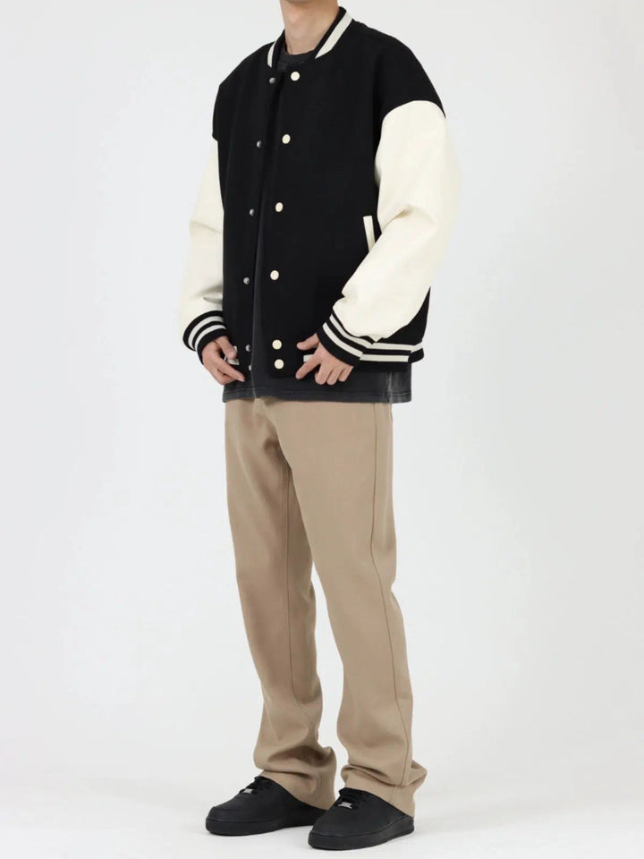 Retro Contrast Color Baseball PU Leather Jacket