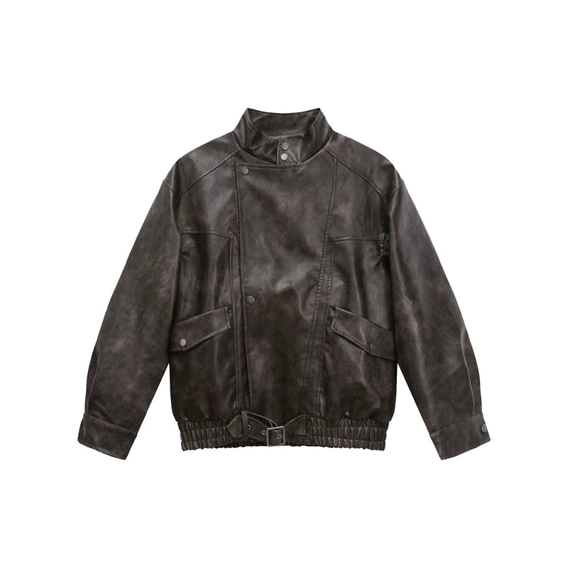 6026058944459,6026058944460,6026058944461,6026058944462, Stand Collar PU Leather Motorcycle Jacket