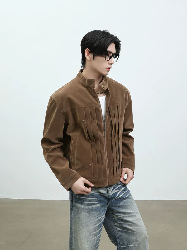Faux Suede Stand Collar Harrington Jacket 2