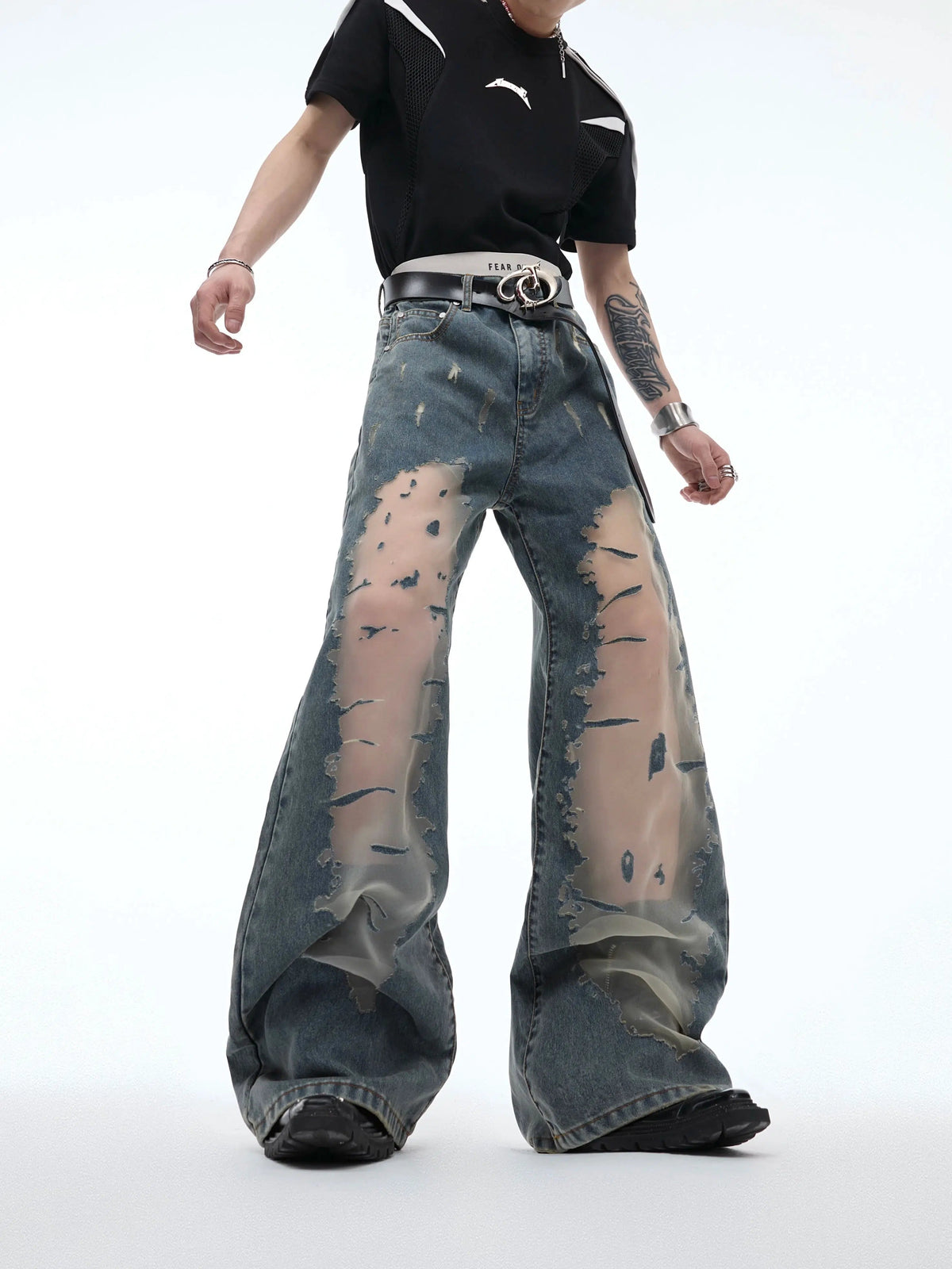 Retro Flared Destruction Texture Pants