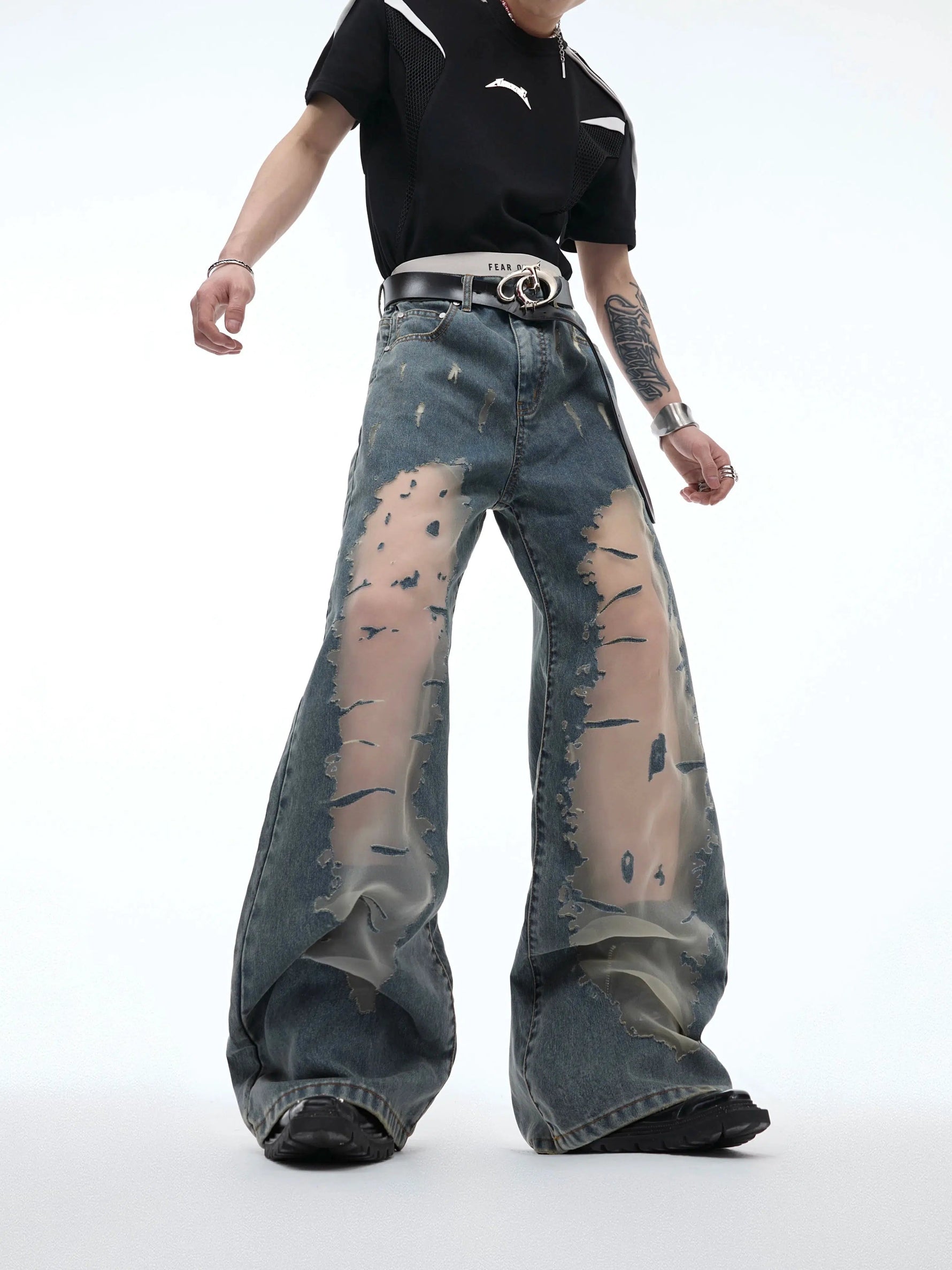 Retro Flared Destruction Texture Pants