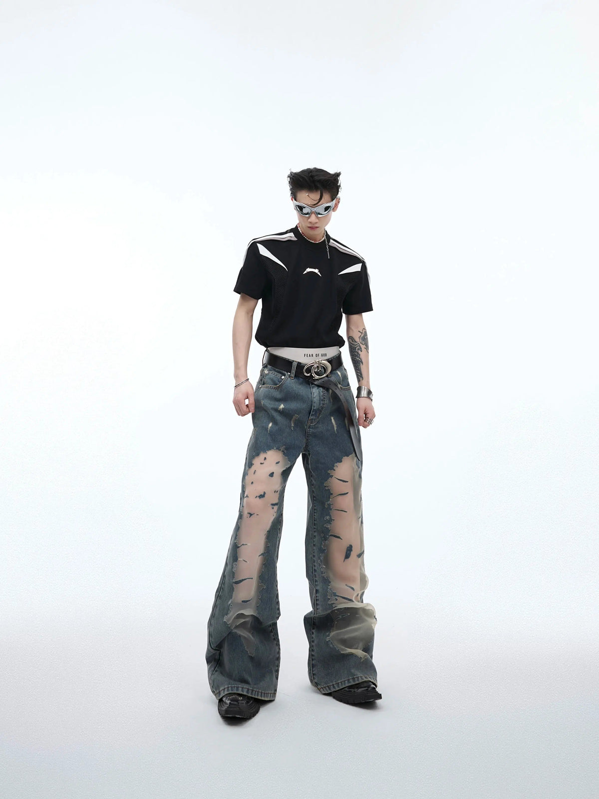 Retro Flared Destruction Texture Pants