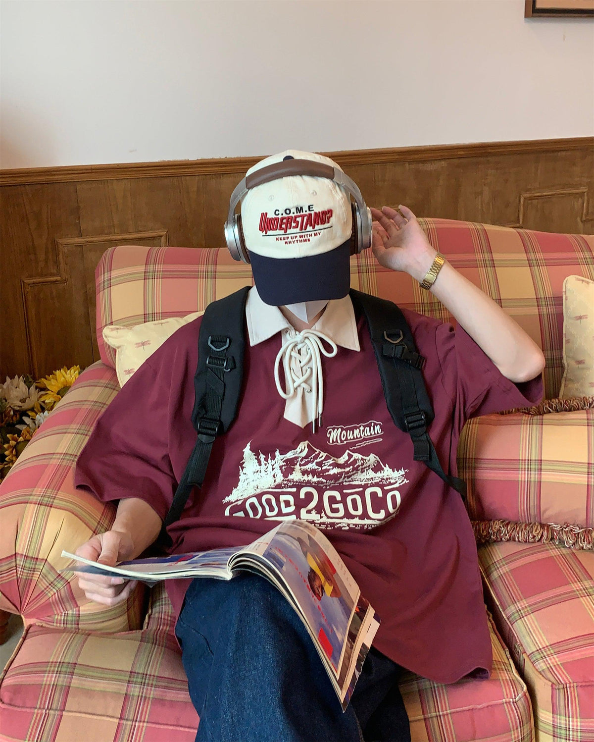 Retro Mountain Lace-Up Polo Shirt