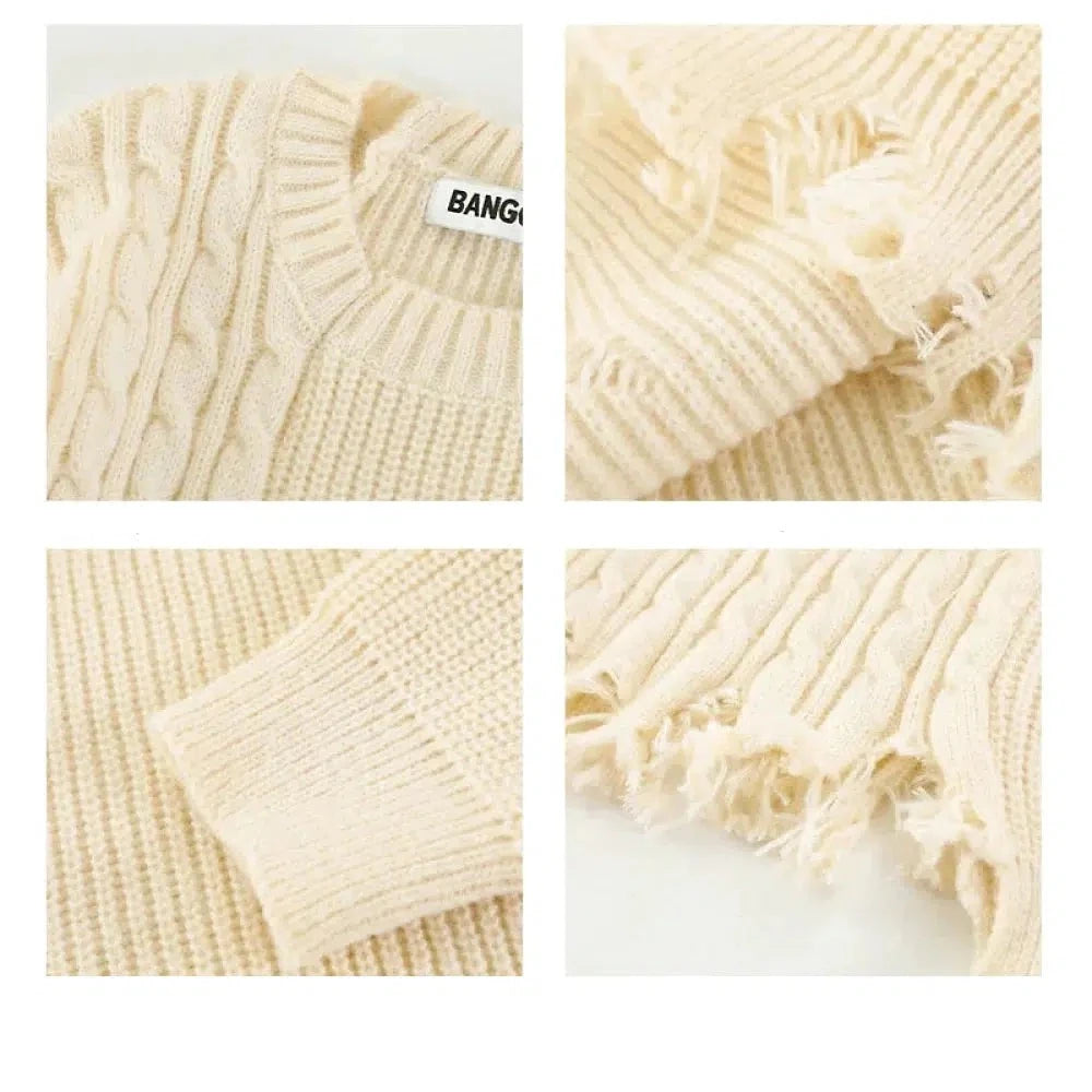 Retro Ripped Round Neck Sweater