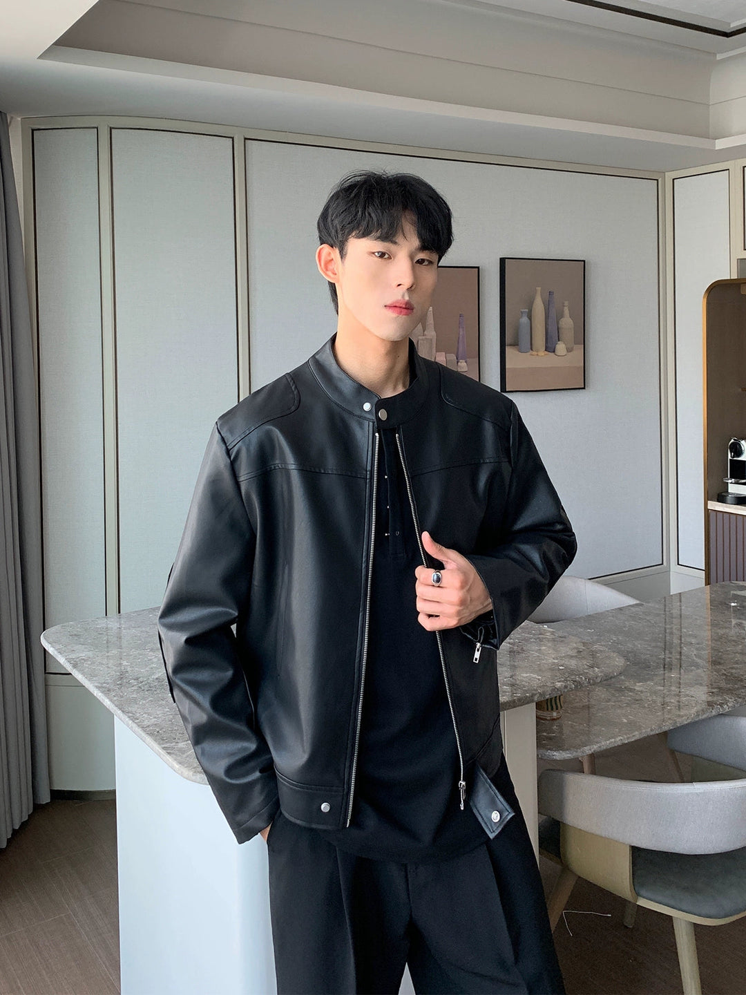 Retro Stand Collar Leather Jacket