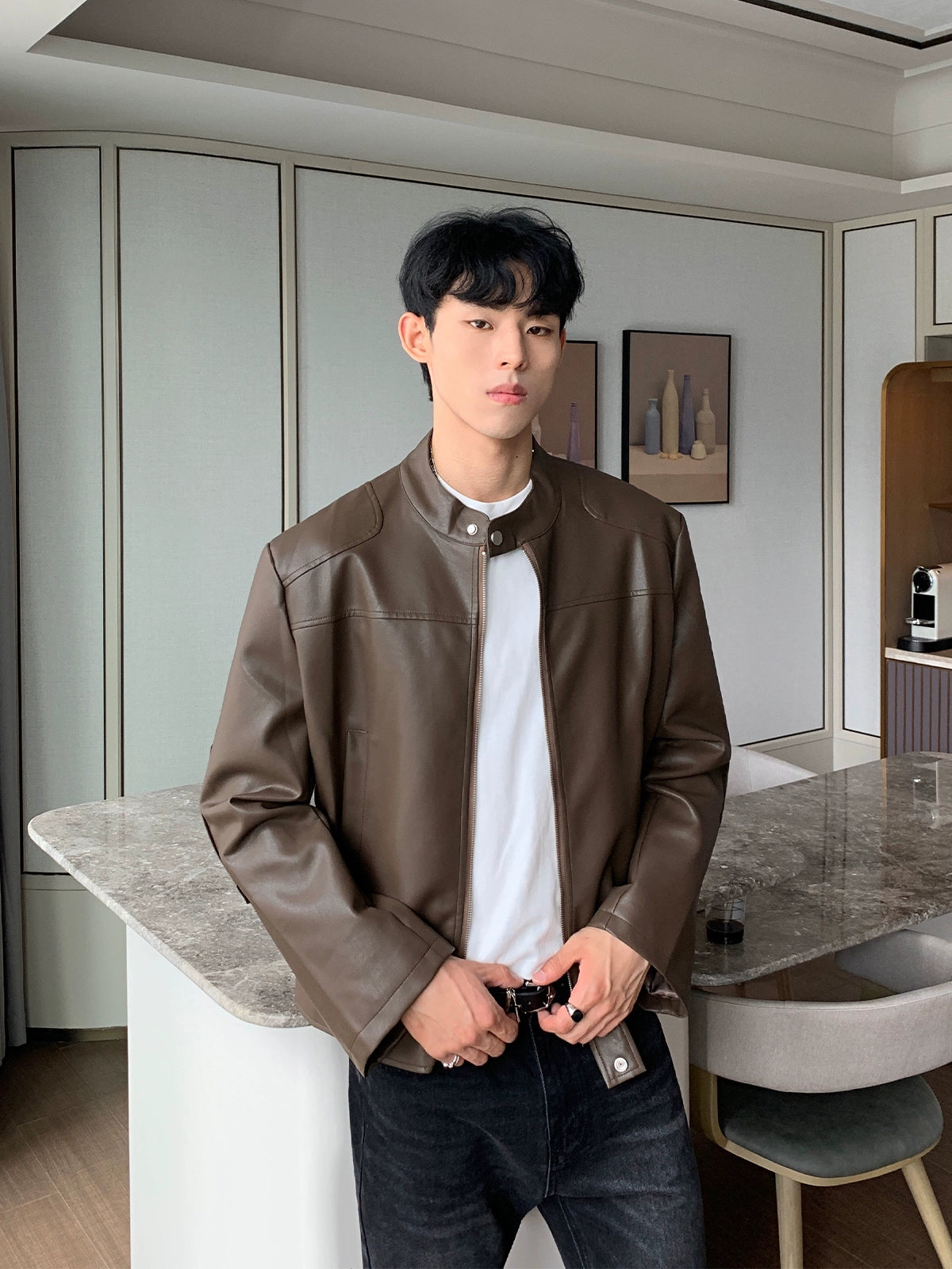 Vintage stand collar leather jacket