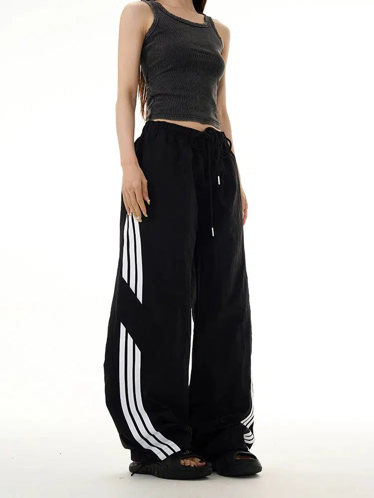 Retro Three-Bar Elastic Waist Casual Pants