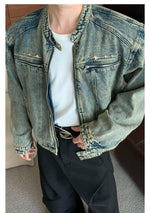 Retro Washed Metal Design Cropped Denim Jacket