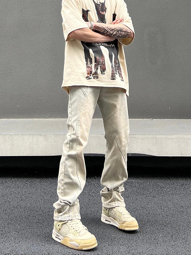 Retro Yellow Mud Straight Stitching Jeans