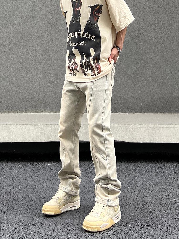 Retro Yellow Mud Straight Stitching Jeans