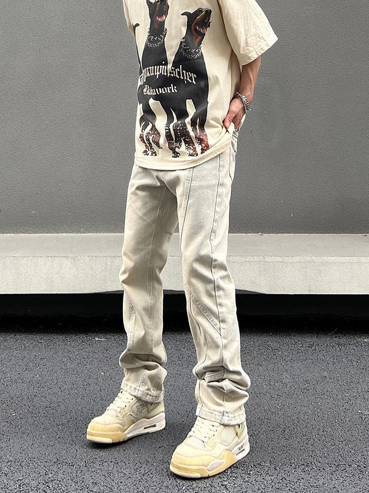 Retro Yellow Mud Straight Stitching Jeans