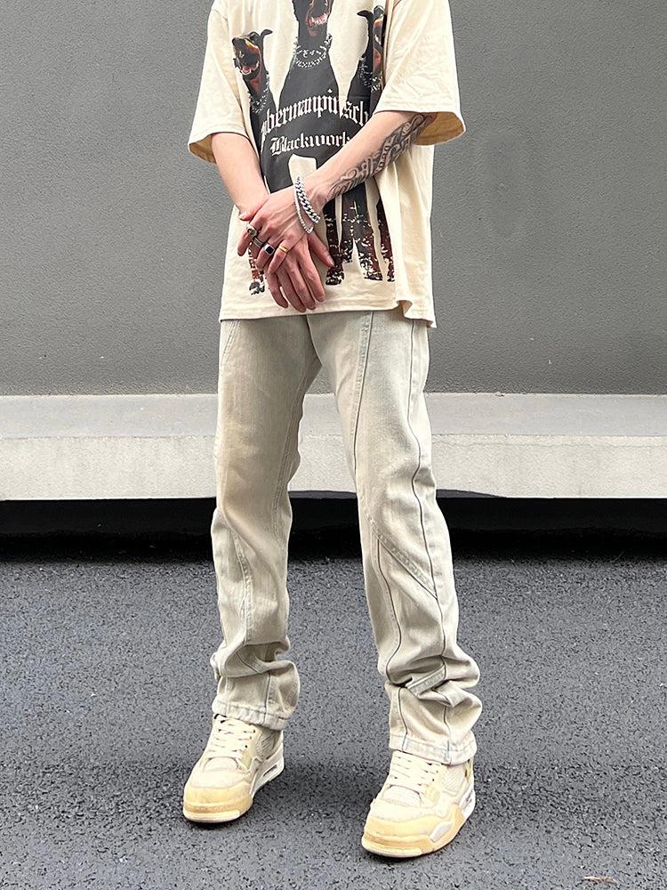 Retro Yellow Mud Straight Stitching Jeans