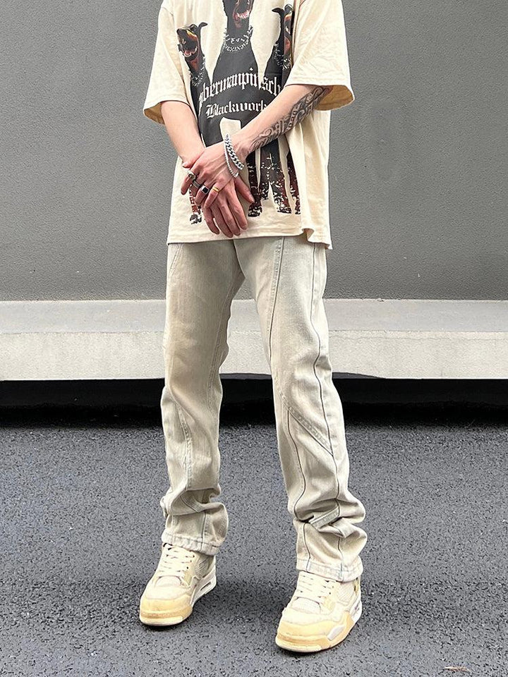 Retro Yellow Mud Straight Stitching Jeans
