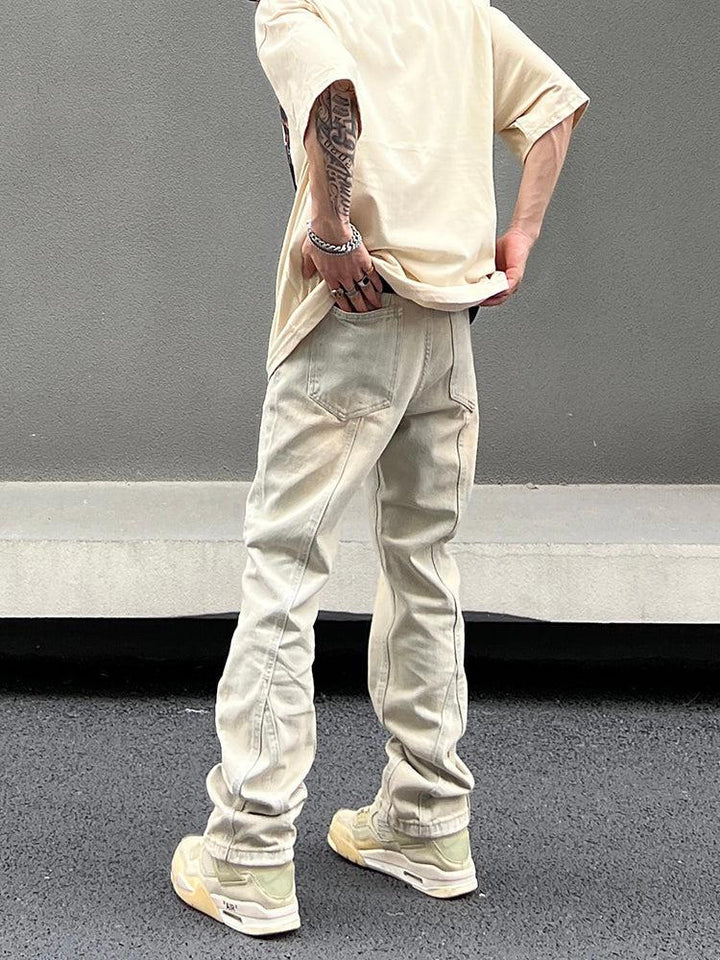 Retro Yellow Mud Straight Stitching Jeans