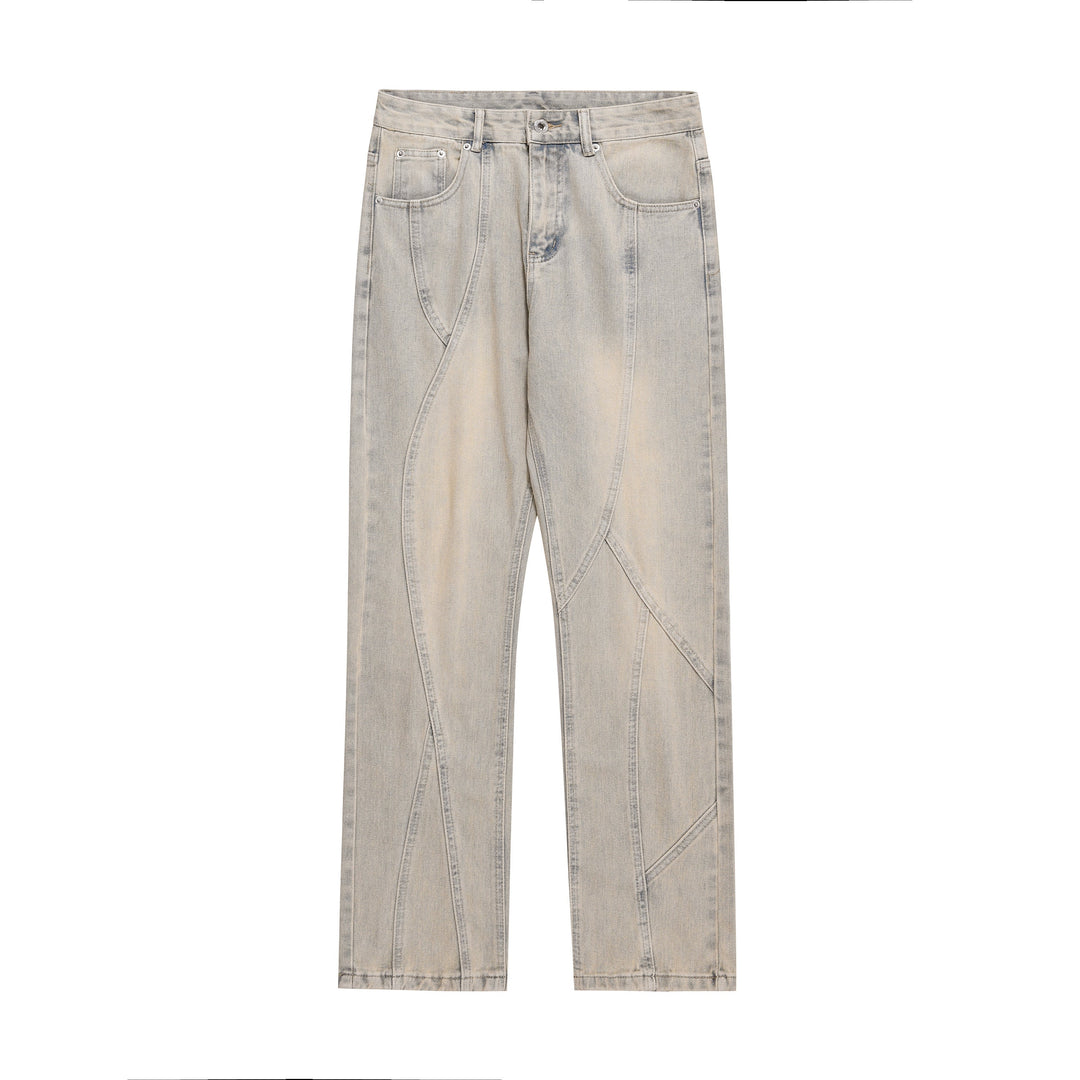 Retro Yellow Mud Straight Stitching Jeans