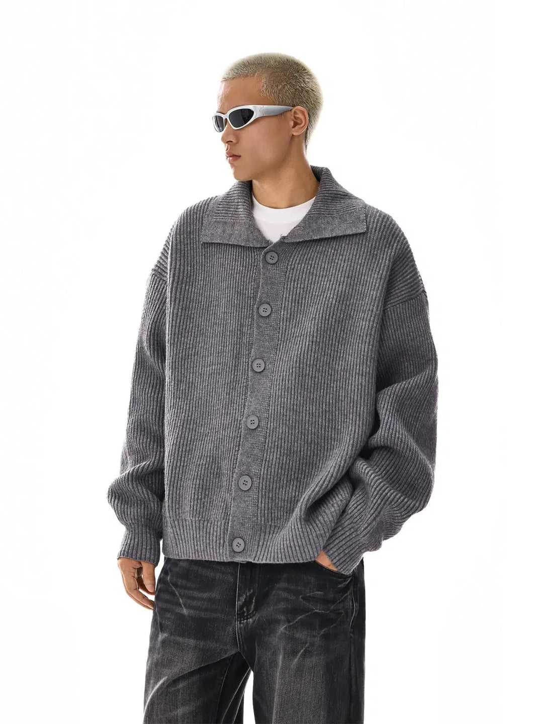 Ribbed Button-Up Knitwear Sweater
