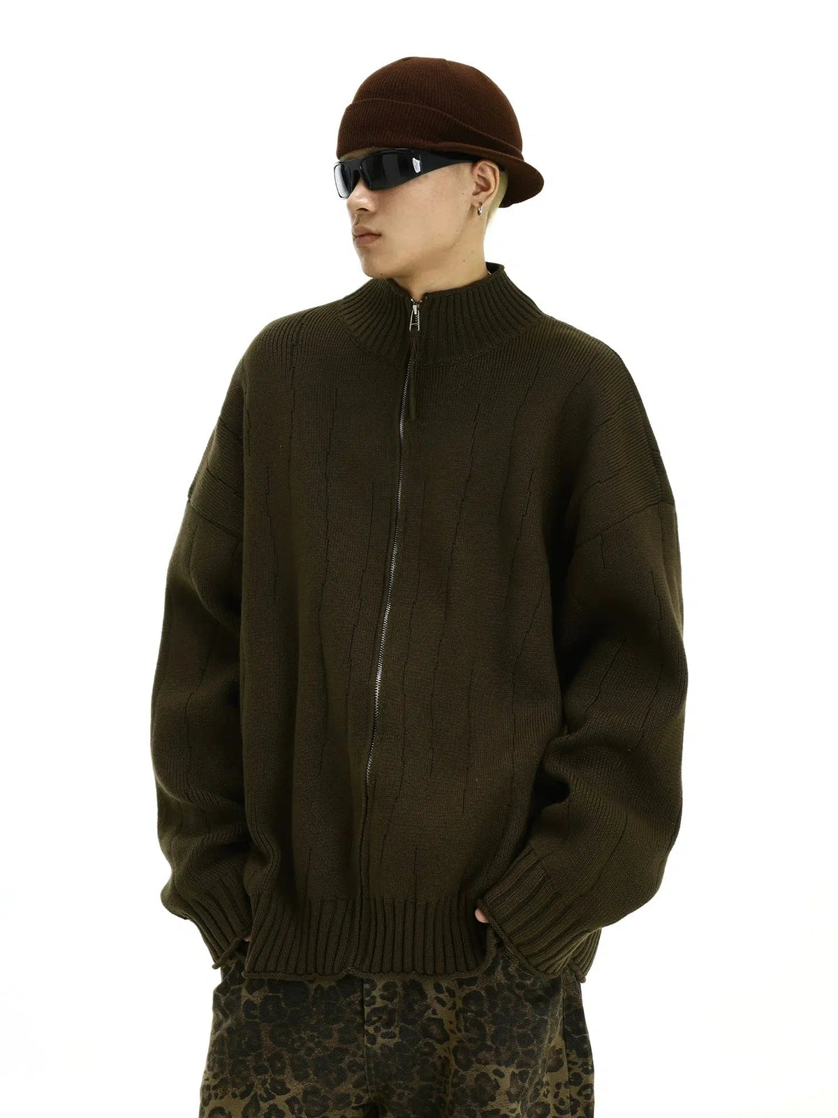 Ribbed Knit Zip-Up Sweater