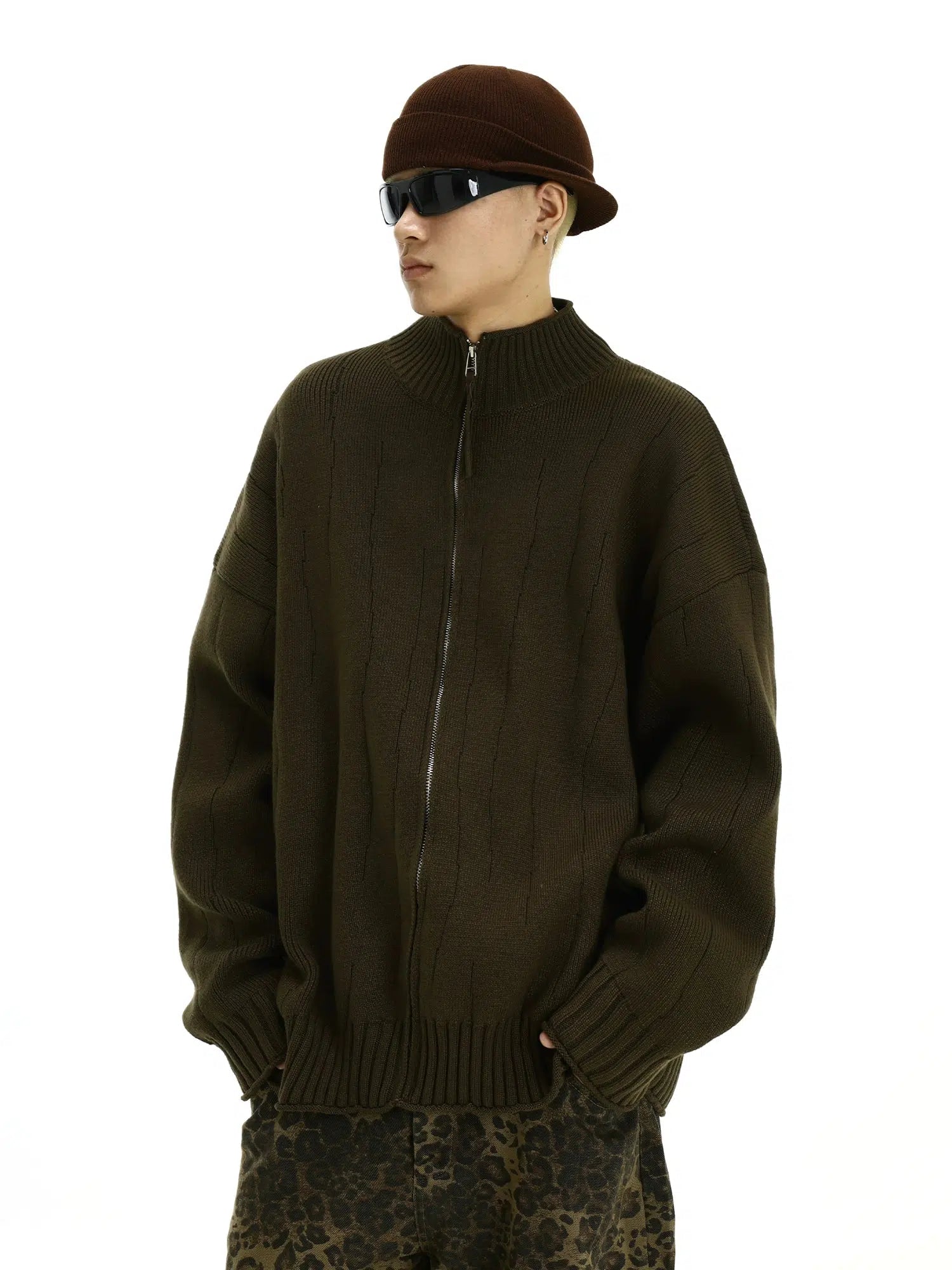 Ribbed Knit Zip-Up Sweater