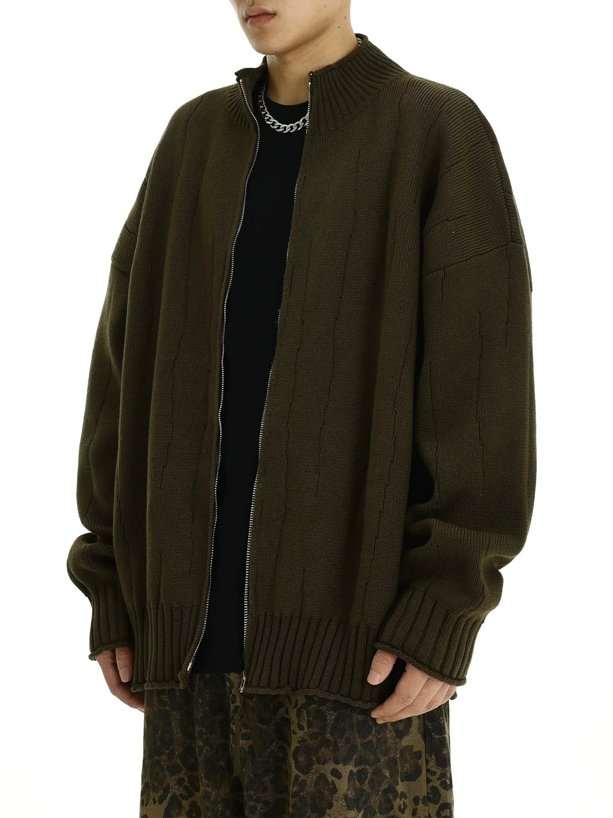 Ribbed Knit Zip-Up Sweater