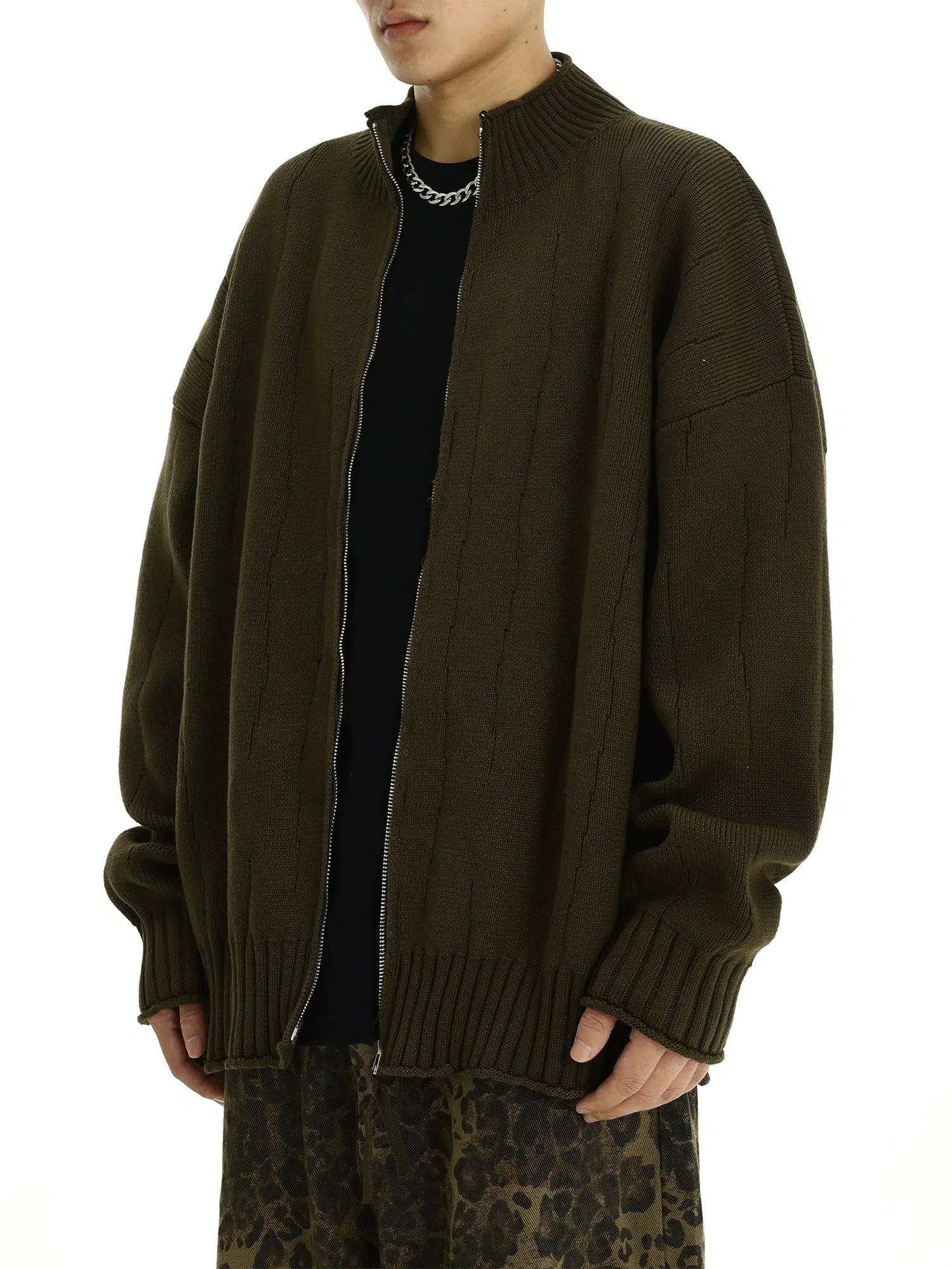 Ribbed Knit Zip-Up Sweater