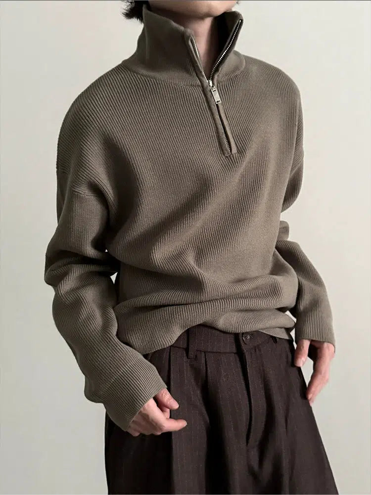 Ribbed Zip-Up Knit Sweater