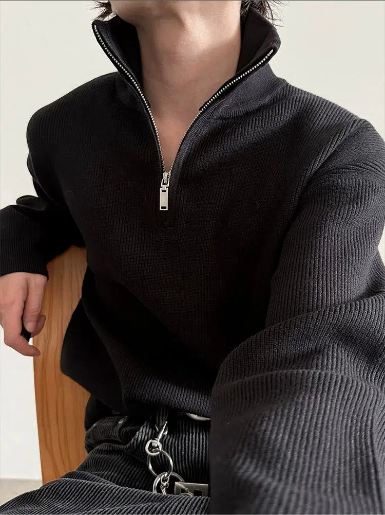 Ribbed Zip-Up Knit Sweater