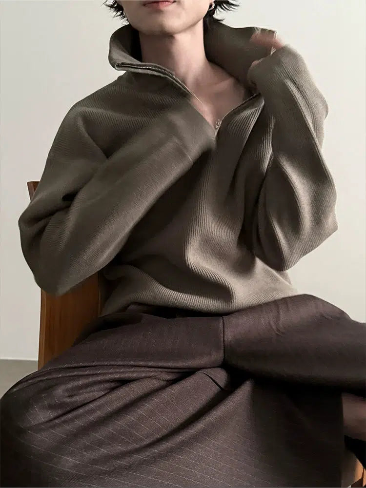 Ribbed Zip-Up Knit Sweater
