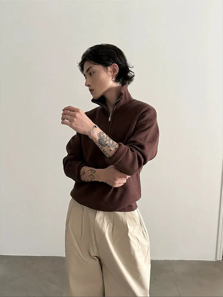 Ribbed Zip-Up Knit Sweater