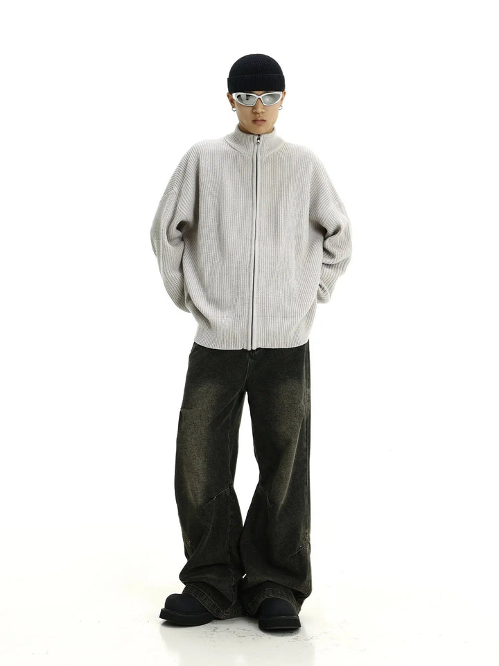 Ribbed Zip-Up Knitwear Sweater