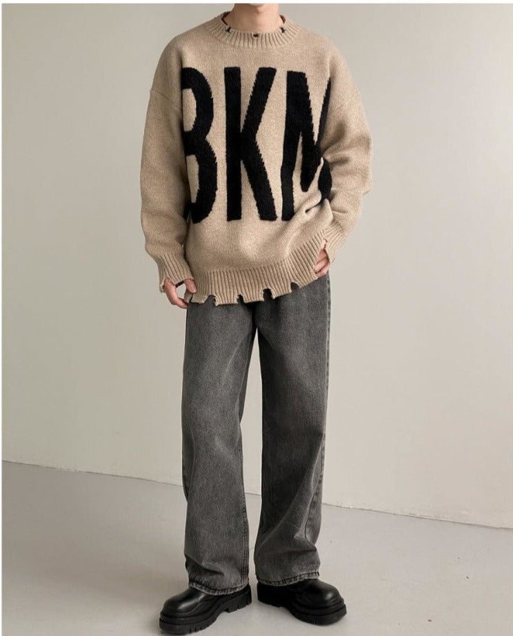 Ripped Letter Pullover Sweater