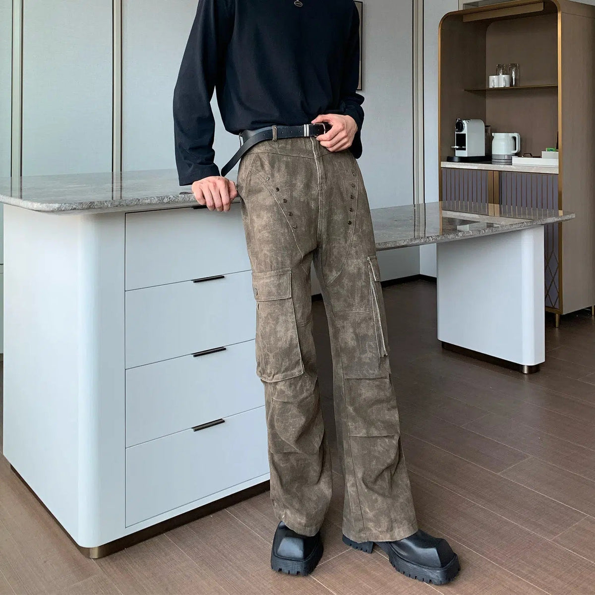 Rivet Studded Wide-leg Cargo Pants