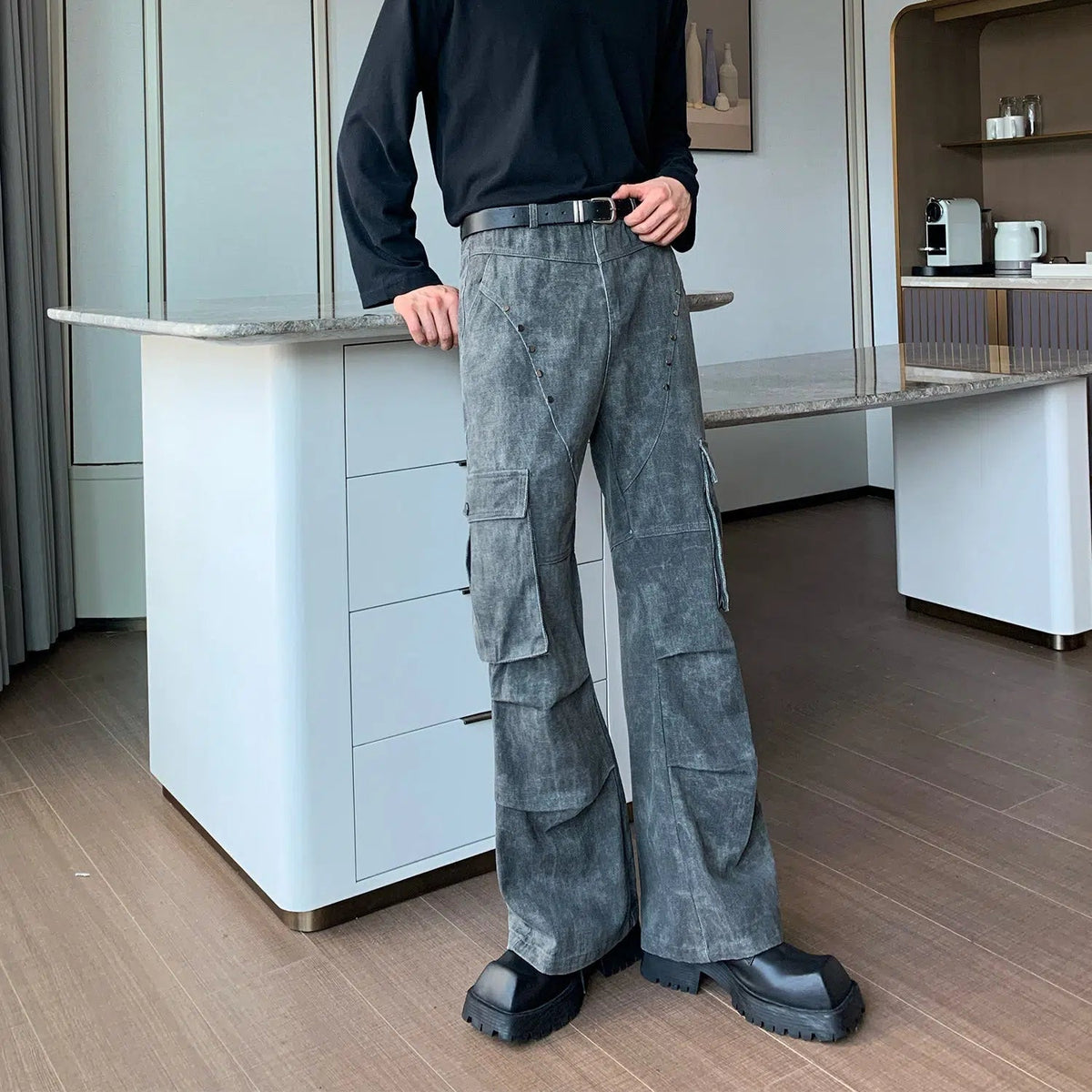 Rivet Studded Wide-leg Cargo Pants