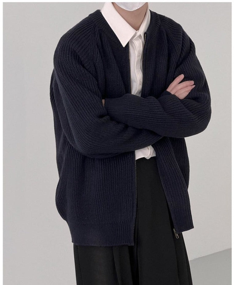 Round Neck Zipper Cardigan Sweater