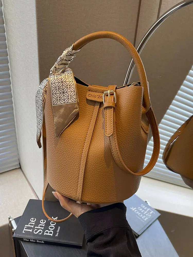 Scarf Accent Bucket Shaped Handbag